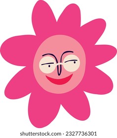 Pink funny funny flower with a cute face and glasses, Illustration in modern trendy style