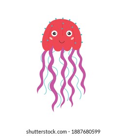 Pink funny jellyfish smiling. Sea and ocean animal creature aqua fauna. Vector flat isolated illustration