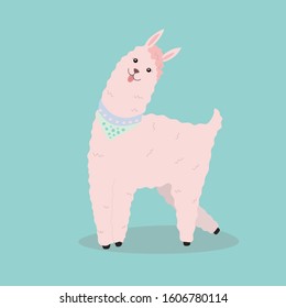 Pink funny lama on blue background