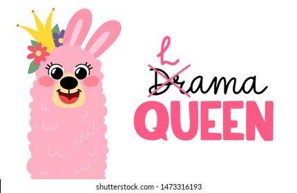 Pink funny llama with a crown, isolated on white background. Lettering lama queen. Cartoon alpaca in hand drawn style for children's and kids books, print, poster, stickers, fabric.