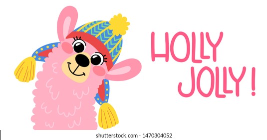 Pink funny llama in a hat, isolated on white background. Lettering holly jolly. Cartoon alpaca in hand drawn style for children's and kids books, print, poster, stickers, fabric, Christmas cards.