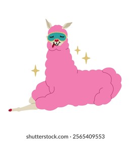 Pink funny llama resting in eye patch for sleeping. Cute characters for kids t-shirts and posters. Vector illustration isolated on transparent background.