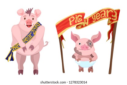 pink funny new year piglets boar and pig smiling
