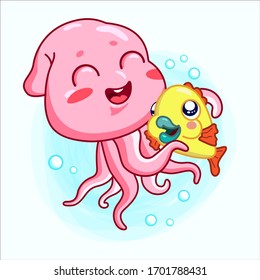 Pink funny octopus hugs a yellow fish. Flat vector isolated on white background. Aquatic fauna. Vector illustration kawaii cute style.