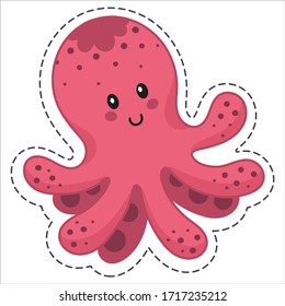 Pink funny octopus sticker. Cute children's character for use as a sticker, print, in the design of children's goods, office.A bright color image isolated on a white background.