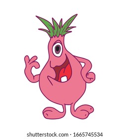 Pink funny scary cartoon monster with green bangs. Halloween's. Colorful silhouette. Children's flat vector design on a white isolated background.