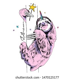 Pink funny sloth with a unicorn horn and with a star on a trunk tree. Slothicorn - lettering quote. Humor card, t-shirt composition, hand drawn style print. Vector illustration.