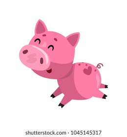 Pink funny smiling cartoon pig running, cute little piggy character vector Illustration on a white background