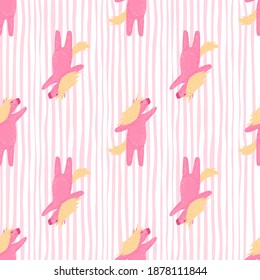 Pink funny unicorn hand drawn seamless pattern. Kids print with light striped background. Decorative backdrop for fabric design, textile print, wrapping, cover. Vector illustration