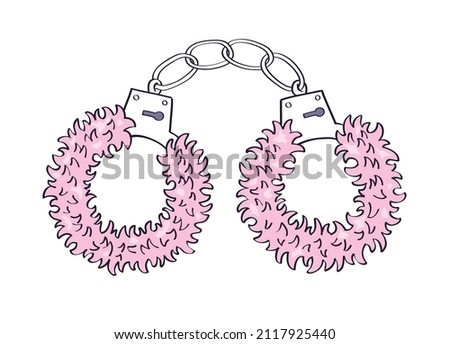 Pink fur fluffy handcuffs isolated vector illustration, adult bdsm sex shop toy.