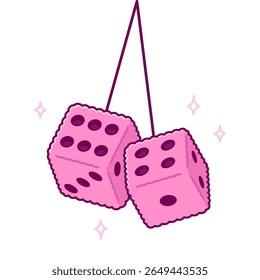 Dados fuzzy rosa pendurado no espelho do carro, desenho animado bonito. Amuleto de brinquedo sortudo. Ilustração de clip-art vetorial.