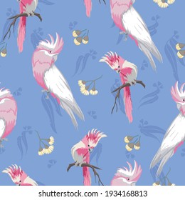 Pink galahs and yellow eucalyptus blossom seamless vector repeat pattern