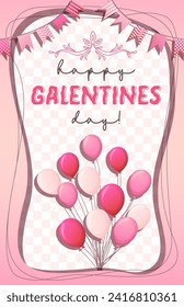 Pink Galentines day greeting card. Balloons and flags on checkered texture.