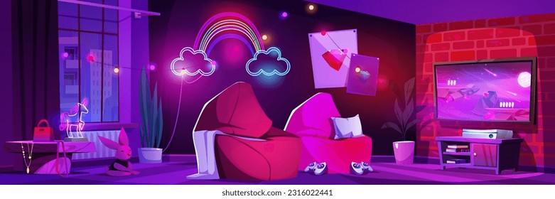 Pink gamer room for girl at night cartoon vector illustration. Girly video game lounge studio interior with furniture and neon light. Purple online streamer house with tv, console and poster.