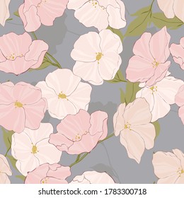 Pink Garden Art Vector Seamless Pattern. Floral Flowers Backdrop. Poppies Exotic Print. White Blossom Background.