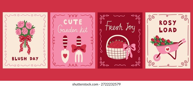 Conjunto de carteles de jardín rosa. Dibujado a mano romántico femenino primavera jardinería Coquette estética con arco Antiguas rizado borde y frase motivacional. Ilustración vectorial