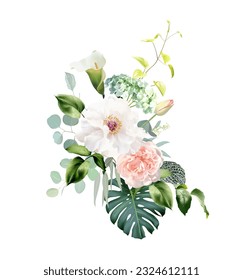 Pink garden rose, white peony flower, white calla, tulip, calathea, monstera, greenery vector design bouquet. Tropical wedding floral. Island exotic greenery. All elements are isolated and editable