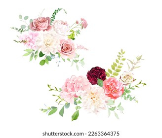 Pink garden roses, ranunculus, peony, hydrangea, dahlia flowers vector design bouquets. Wedding floral and greenery. Mint, pink, beige, green tones. Watercolor summer flowers. Elements are isolated