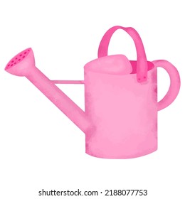 Pink garden watering can, vector illustration in watercolor style