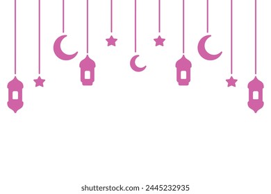 Pink garland for Ramadan. Crescent, star, lantern and Moroccan candlesticks. Color vector illustration. Outline on isolated background. Festive curtains on threads of different lengths. Doodle style.