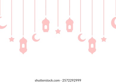 Pink garland for Ramadan. Crescent, star, lantern and Moroccan candlesticks. Seamless horizontal vector border. Hanging decoration for Ramadan. Festive curtains on threads of different lengths. 