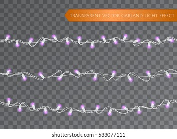 Pink garland set, Christmas decoration lights effects. Isolated transparent vector design elements. Glowing lights for Xmas Holiday greeting card design. Christmas realistic luminous garland.