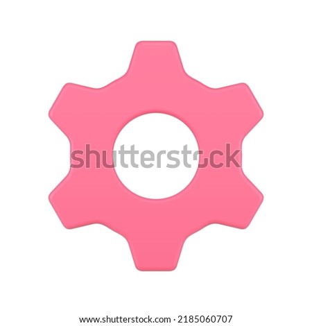 Pink gear mechanism engineering development industrial optimization button front view realistic 3d icon vector illustration. Cogwheel hardware factory repair workflow round software setting