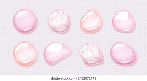 Gotas de gel rosa sobre fondo transparente. Vector ilustración realista de burbujas de suero abstracto, gotas de esencia de colágeno, muestras de cosméticos para el cuidado de la piel de la cara, frotis de loción de humedad