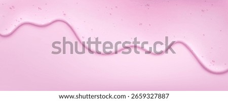 Pink gel liquid drip flowing on pastel background with glossy translucent texture, scattered bubbles in wavy stream. Beauty product border for skincare serum, cosmetic advertising backdrop design.