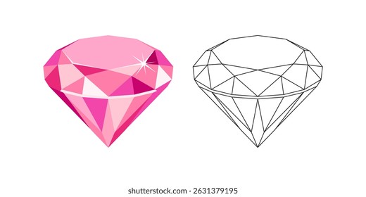 Gema rosa e icono de contorno. Ilustración plana de dibujos animados de Vector de diamantes o cristales de zafiro.