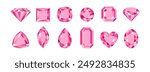 Pink gemstones of different shapes isolated on white background. Diamond or sapphire crystals set. Vector cartoon flat illustration.
