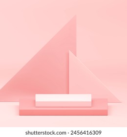 Pink geometric 3d podium pedestal mock up for cosmetic product show presentation realistic vector illustration. Elegant feminine neutral showroom squared stand with triangle wall background