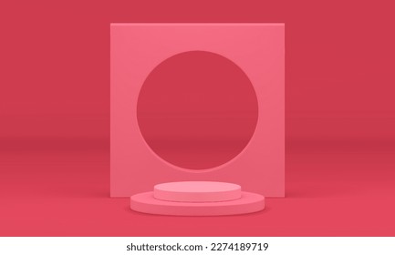 Pink geometric 3d podium win platform construction for product presentation realistic vector illustration. Pedestal cylinder basic foundation showroom display squared wall round hole show promo