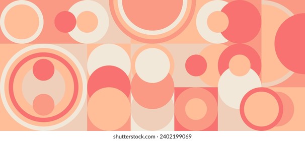 Pink geometric background with circles and squares, Peach Fuzz color background 2024 year. Scandinavian pattern in the style of the 70s and 60s, retro texture in peach and salmon shades.