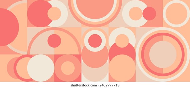 Pink geometric background with circles and squares, Peach Fuzz color background 2024 year. Scandinavian pattern in the style of the 70s and 60s.