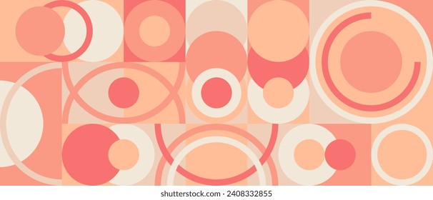 Pink geometric background with circles and squares, Peach Fuzz color background 2024 year. Scandinavian pattern in the style of the 70s and 60s, retro texture in peach and salmon shades.