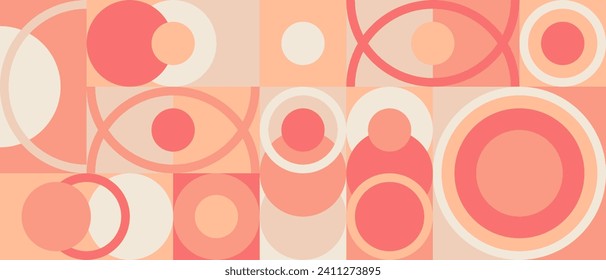 Fondo geométrico rosa con círculos y cuadrados, color de Peach Fuzz fondo 2024 año. Patrón escandinavo al estilo de los años 70 y 60, textura retro en tonos melocotón y salmón.