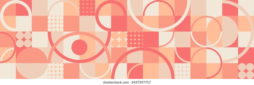 Pink geometric background with circles and squares, Peach Fuzz color background 2024 year. Scandinavian pattern in the style of the 70s and 60s, retro texture in peach and salmon shades.