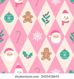 Fondo de patrón sin fisuras de Elementos de Navidad geométricos rosas. Fondo de Navidades sin costura con patrón festivo para niños de tela de impresión de Fondo de pantalla.  