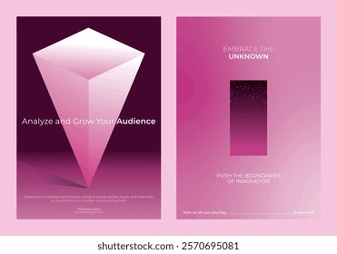 Pink geometric design with text promoting audience growth and innovation. Embrace the unknown, push boundaries, and analyze audience for growth. Pink gradient innovative business templates.