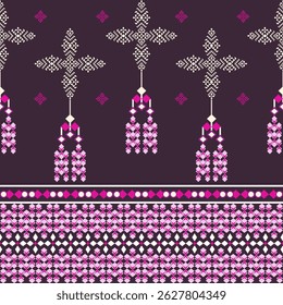 Pink geometric ethnic boho seamless pattern on a purple background. Tribal pattern. Folk motif. Textile rapport. Design for elaborate borders, textiles, and wallpaper.