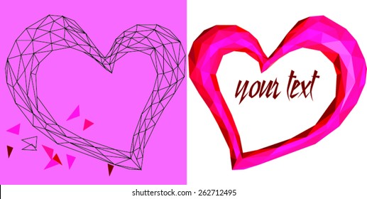 Pink geometric heart on white backdrop and the words your text. Vector Illustration. Abstract polygonal heart. Love symbol. Low-poly style. Romantic background for love events, card for wedding. 