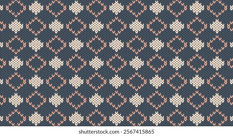 Pink geometric on blue knitted pattern, Festive Sweater Design. Seamless Knitted Pattern