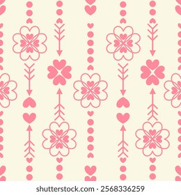 Pink geometric pattern with hearts, archery, and florals for decoration, wrapping paper, or fabric in the Valentine's concept