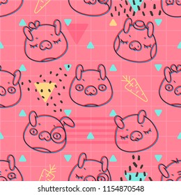 Pink Geometric Seamless Pattern with Pigs