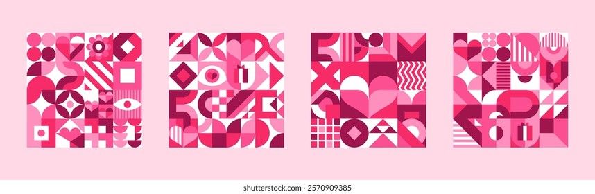 Pink geometric shapes for Valentine day tile background, vector patterns. Valentine day holiday pattern of abstract geometric hearts, flowers or kiss lips shapes and simple love or wedding elements