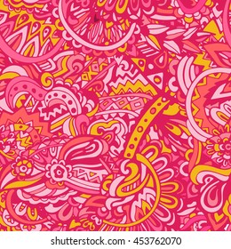 pink geometric shapes waves and lines background. Decorative hand drawn doodle ornamental curl vector sketchy seamless pattern