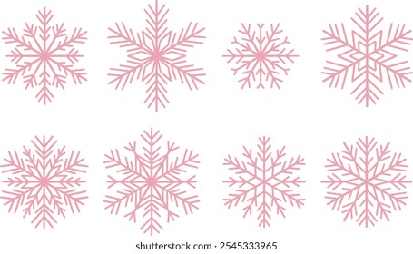 Pink geometric snowflake icon set, festive holiday vector clip art illustration collection