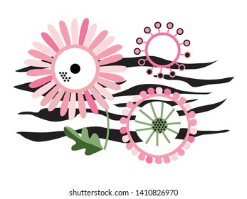 Pink Gerbera Flowers on the Zebra Stripes Pattern vector illustration