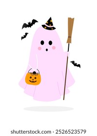 Pink ghost with a broom and in a hat isolated on a white background. Vector illustration.